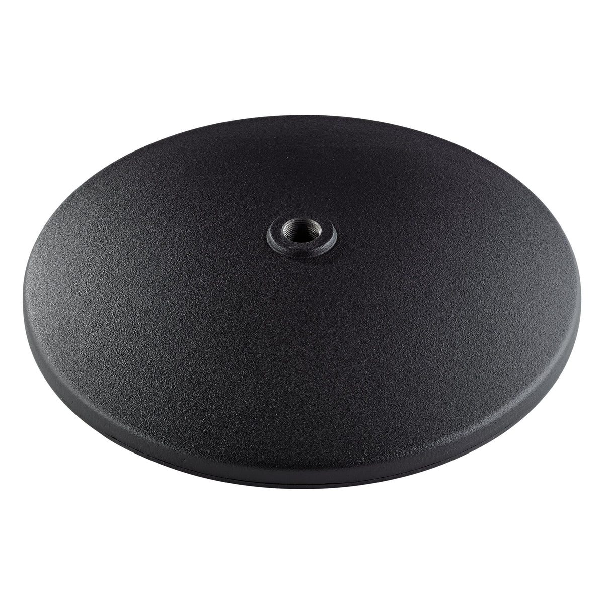 26009 heavy cast iron mic stand base plate top-down angled view showing textured black powder-coat finish and central threaded socket, K&M