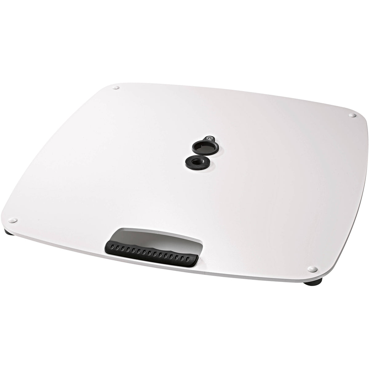 KM 26705.000.76 square steel speaker stand base plate in white, angled top view showing center tube socket, locking screw and molded carry handle, K&M