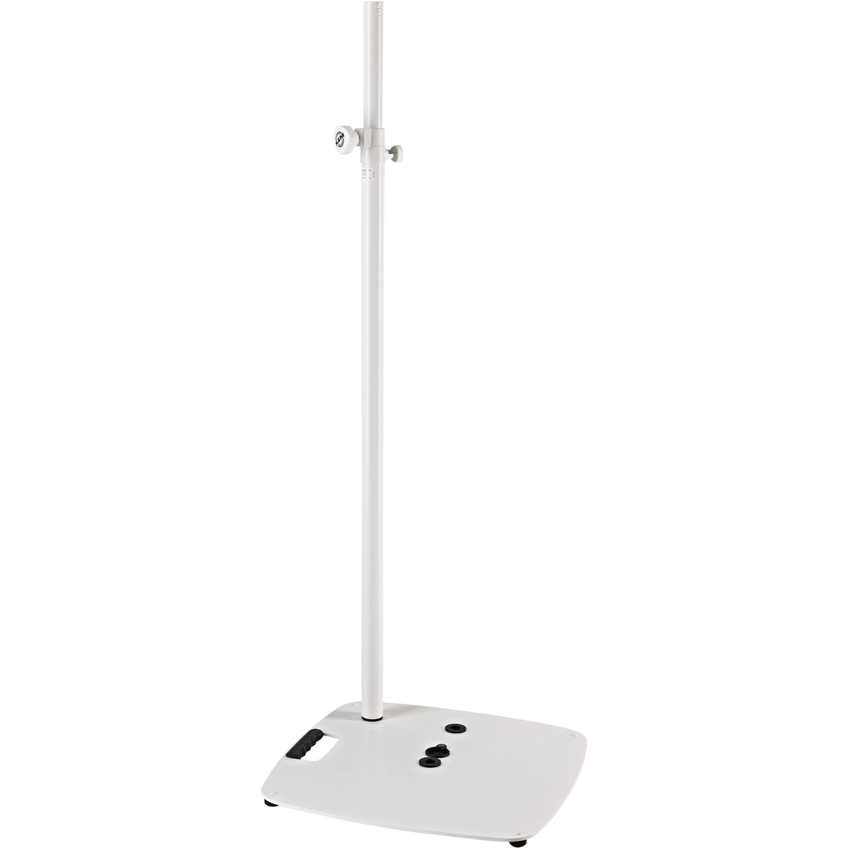 KM 26706.000.76 lighting and speaker stand assembled, full front view with white tubular column, locking knob and weighted square base, K&M