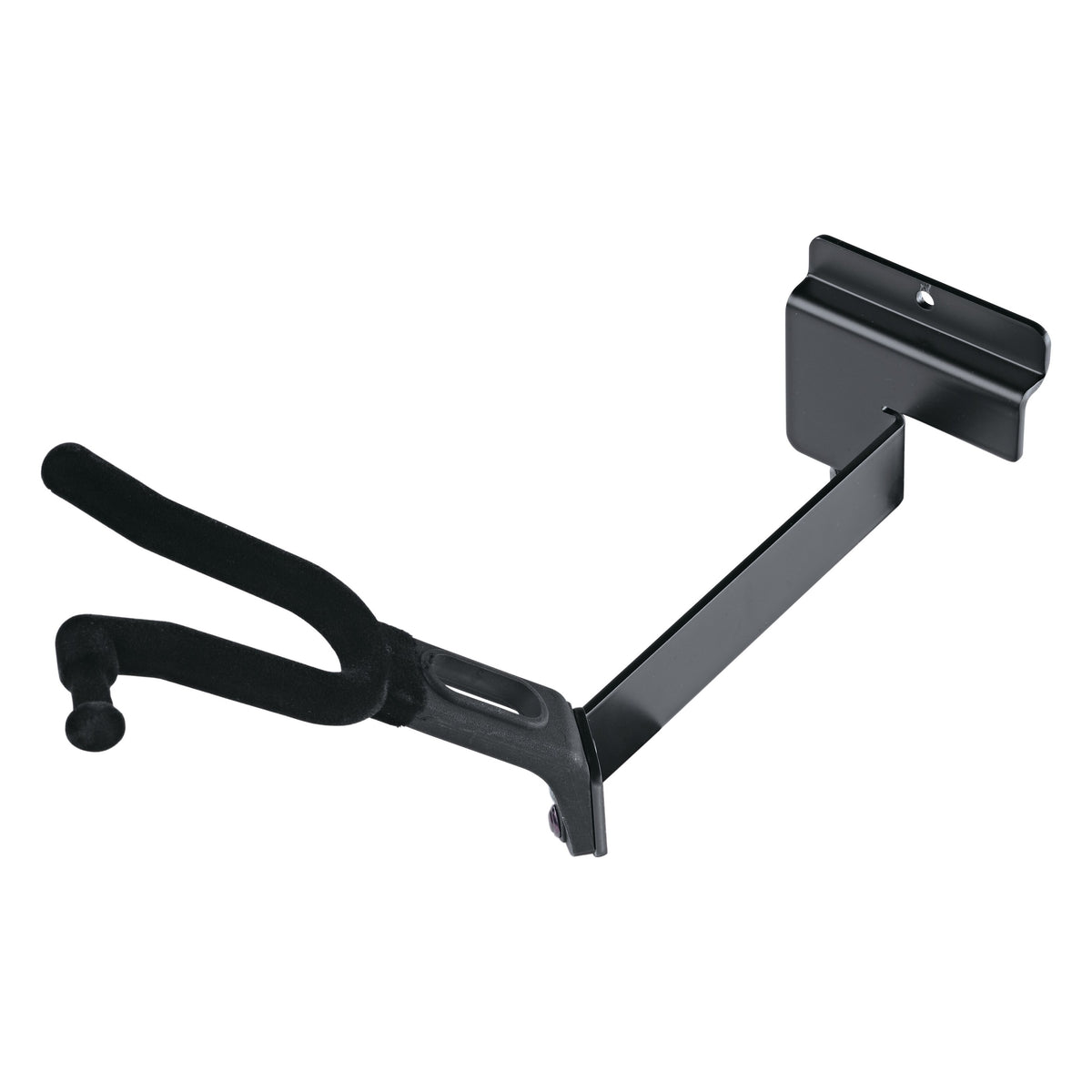 44215 Spacewall violin holder angled view showing black slatwall mounting plate, steel arm and velvet-covered violin and bow holder arms, K&M