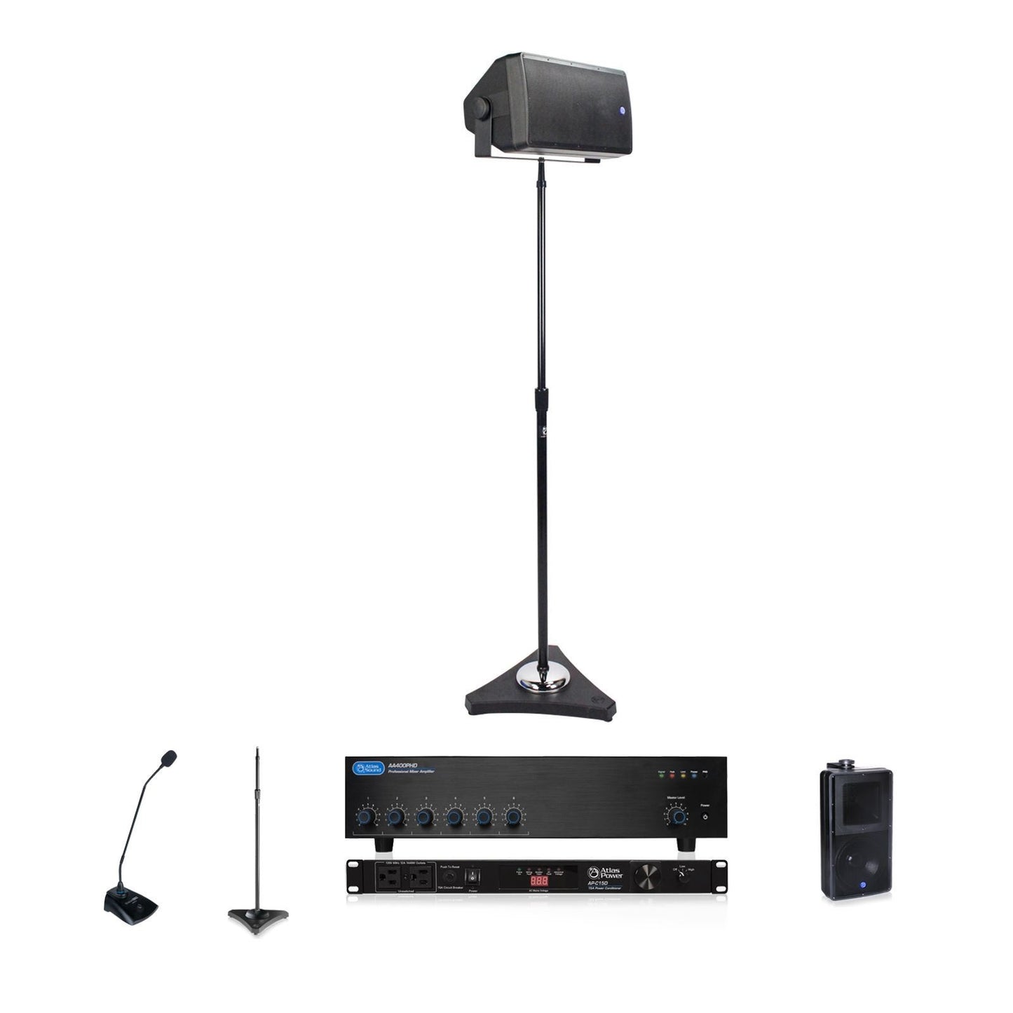 AtlasIED TAS-3 temporary audio system with speaker on stand, gooseneck mic, mixer amplifier and power conditioner