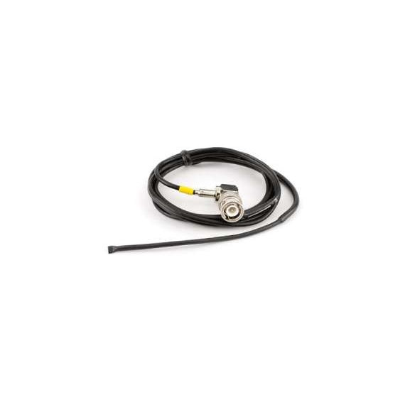 ACOAXBNC coaxial antenna coiled product shot showing right angle BNC connector, yellow block marker band and black flexible antenna wire, Lectrosonics
