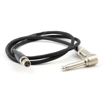 MC51 TA3F to 1/4" right angle adapter cable coiled overview with black cable, 3-pin mini female TA3F connector and nickel right-angle TS plug, Lectrosonics