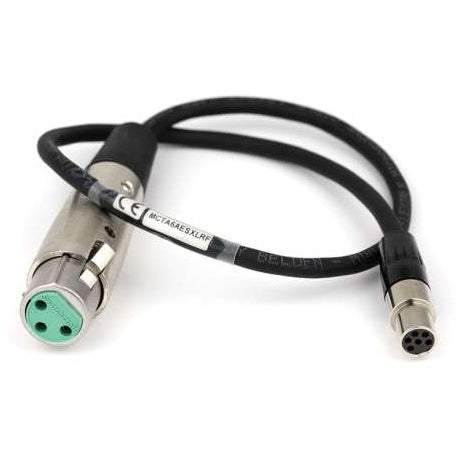 TA6F to XLR female 18 inch balanced output cable, overall view showing nickel XLRF connector with green insert, TA5/TA6-style mini connector and Belden cable with MCTA6AESXLRF label, Lectrosonics