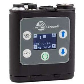 MTCR compact digital recorder front view showing Lectrosonics logo, LCD screen with timecode and levels, Menu/Sel and Back buttons, up/down arrows and green power button, Lectrosonics