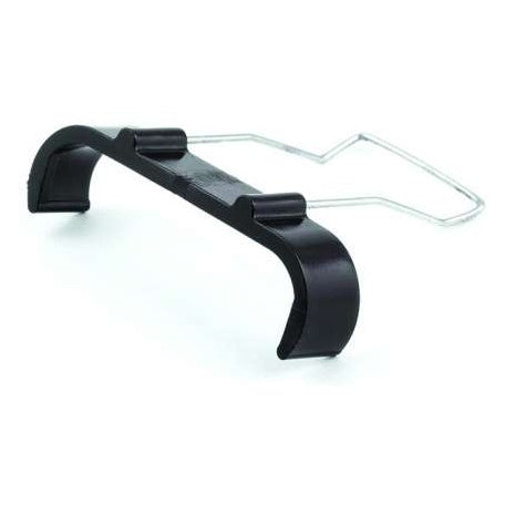 PDRWBC snap-on belt clip angled front view showing black curved plastic body with bent steel wire clip arm, Lectrosonics