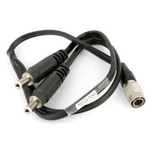 Dual DC power cable 12 inch overall view showing two coax barrel plugs splitting to a single Hirose 4-pin connector with label on the cable, Lectrosonics