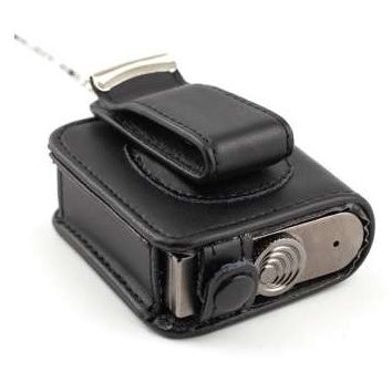 SMWB leather belt pouch rear view showing sewn belt loop and exposed transmitter end with antenna connector, Lectrosonics