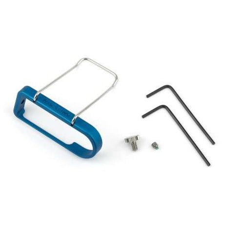Belt clip for SMWB and DBSM transmitters, antenna down wire version, with blue anodized frame, steel wire clip, thumbscrew, set screw and two hex keys laid out, Lectrosonics