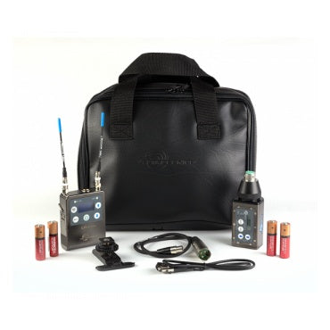 ZS-LRHMa L-Series digital hybrid wireless kit contents laid out in front of black carrying case, showing bodypack receiver, plug-on XLR transmitter, AA batteries, belt clip and cables, Lectrosonics