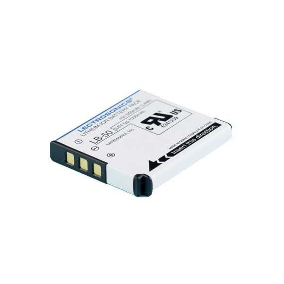 40106-1 LB-50 lithium-ion battery pack angled view showing three gold contacts, UL mark and insert direction arrows on white label, Lectrosonics