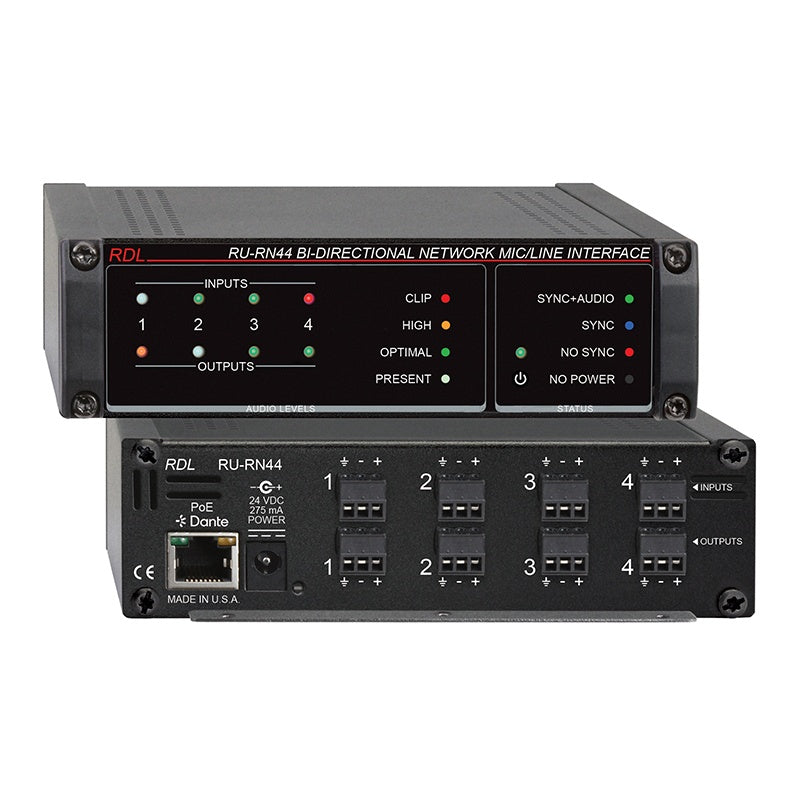 RU-RN44 front and rear panels: level and sync LEDs, PoE Dante port, 24 VDC jack, 4 inputs and 4 outputs, Radio Design Labs