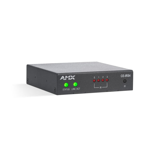 AMX CE-IRS4 IR control extender angled view showing compact black half-rack metal enclosure