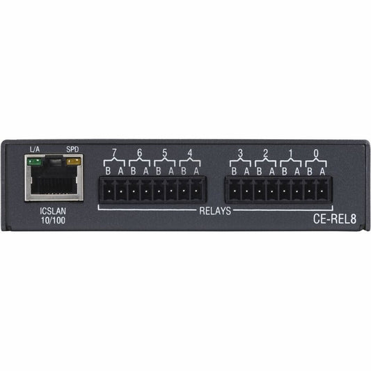 AMX CE-REL8 rear panel showing ICSLAN 10/100 RJ45 port and two eight-position relay terminal blocks