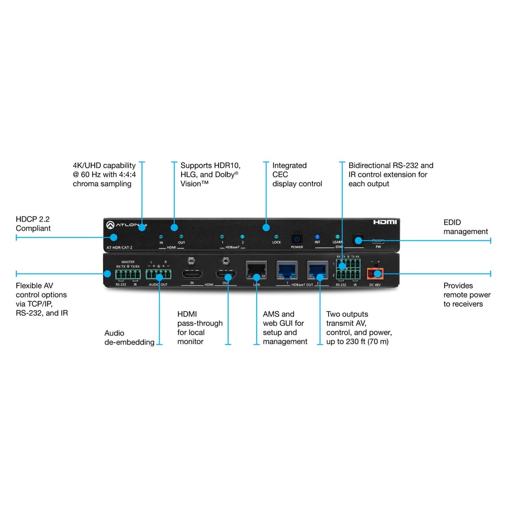 ATLONA AT-HDR-CAT-2 4K/Hdr Hdmi 2.0B Hdbaset Hdmi 1 X 2 Distribution Amplifier