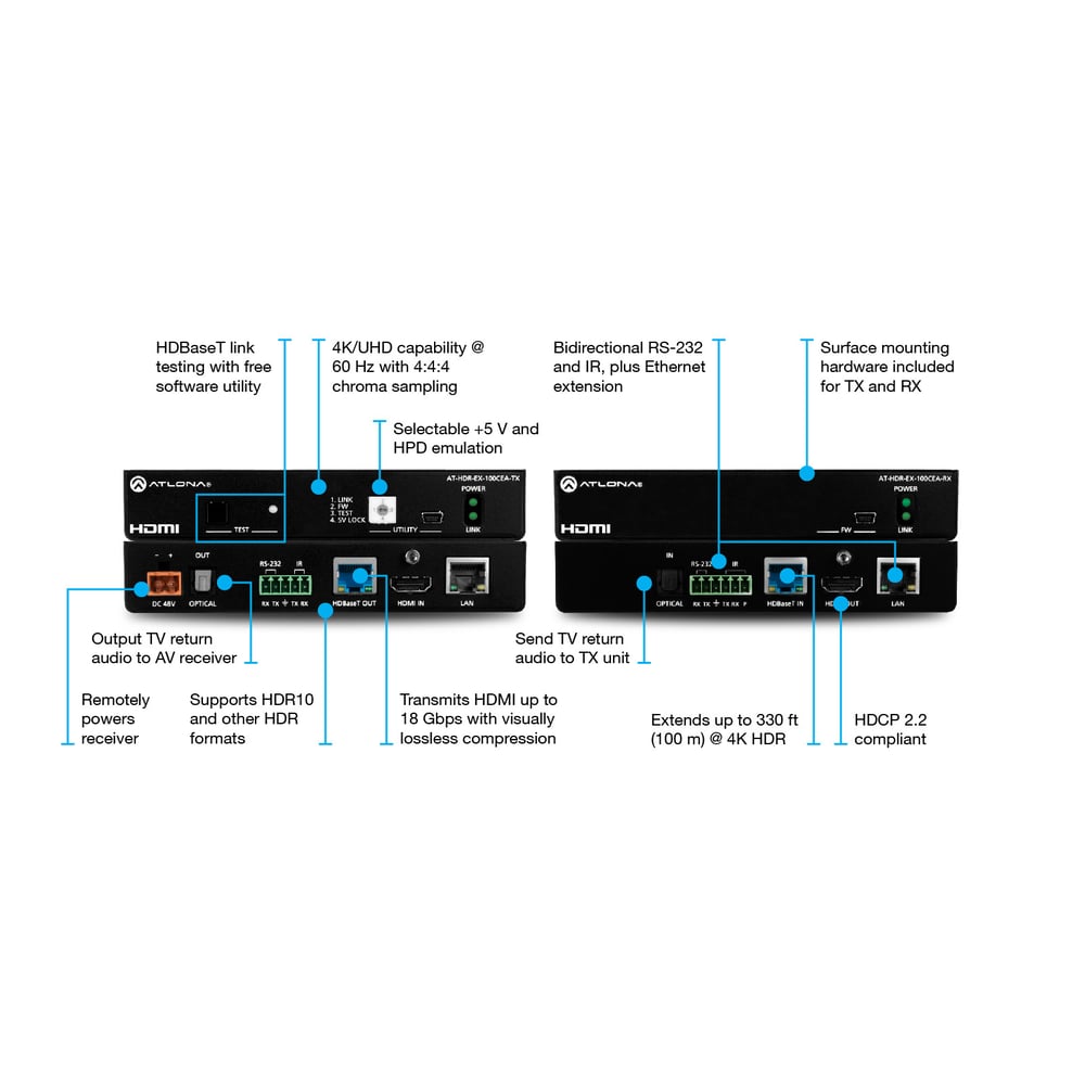 ATLONA AT-HDR-EX-100CEA-RX 4K Hdr Hdbaset Receiver With Control, Ethernet, And Remote Power