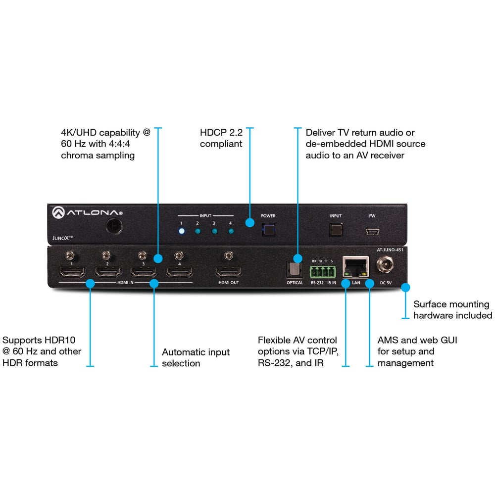 ATLONA AT-JUNO-451 4K Hdr Four-Input Hdmi Switcher With Auto-Switching