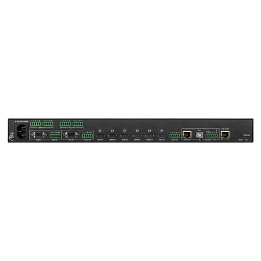 AMX VPX-1701 rear panel showing HDMI inputs, VGA, HDBaseT out, LAN, RS-232 and AC inlet