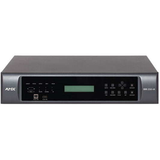 AMX DVX-2265-4K front view with blank LCD, status LEDs, USB ports and menu keypad