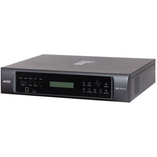 AMX DVX-3266-4K switcher angled left front view showing side vents and status LED indicators