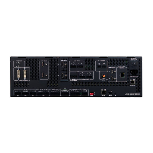 AMX FG1906-12 rear panel showing HDMI and DVI inputs, audio terminal blocks, DXLink, LAN, and AC inlet