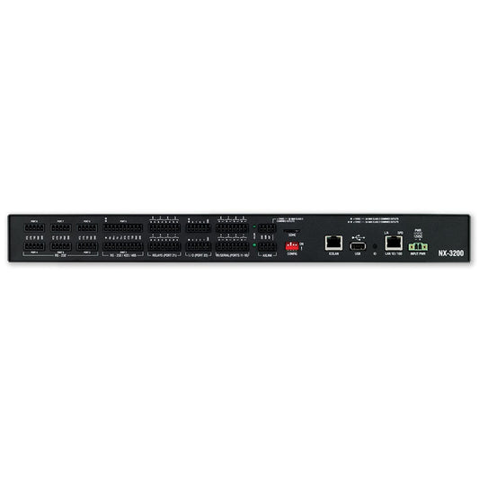 AMX NX-3200 rear panel with RS-232 terminal blocks, relays, I/O, ICSLAN, USB and LAN ports