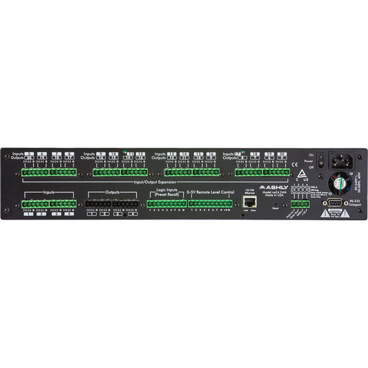 Ashly ne24.24M rear panel showing green Euroblock input and output terminals, Ethernet port, and IEC power inlet