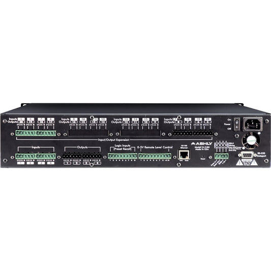 Ashly ne24.24M rear panel showing Euroblock input and output terminals, Ethernet, and RS-232 dataport