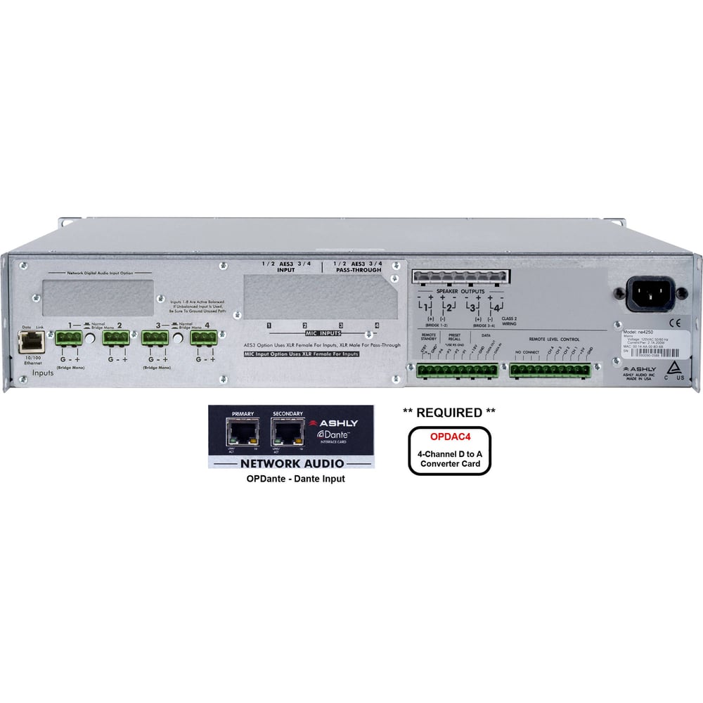 Ashly ne4250.70bd Ne4250.70 Network Amplifier With Dante And Opdac4 Option Cards