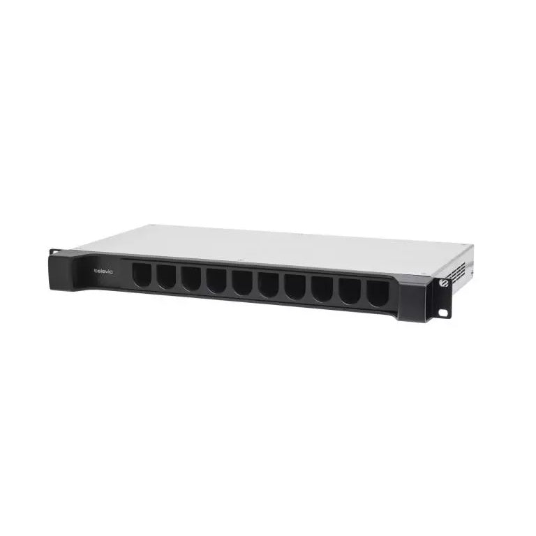 Confidea G4 angled front view showing ten open battery slots and rack ears on a low-profile steel chassis, Televic