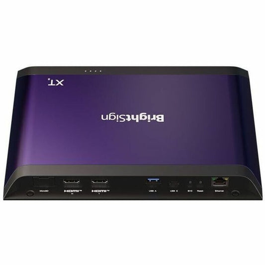 BrightSign XT1145 rear panel showing microSD slot, HDMI In and out, USB A, USB C, reset and Ethernet