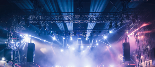Live production equipment set up of audio, video, and lighting