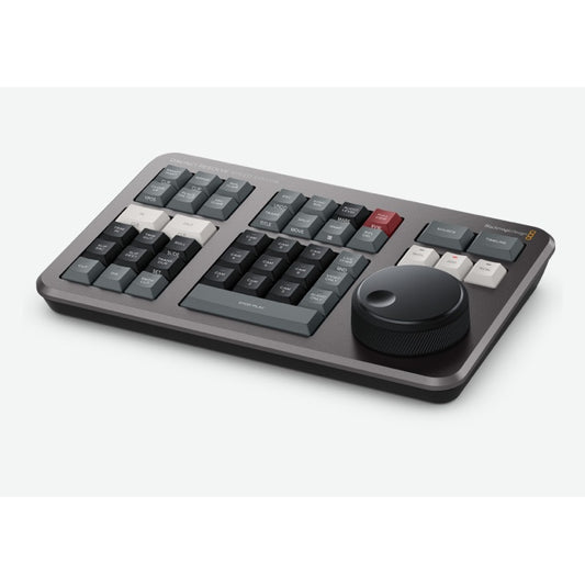 Blackmagic Design DaVinci Resolve Speed Editor angled view showing keypad layout and search dial