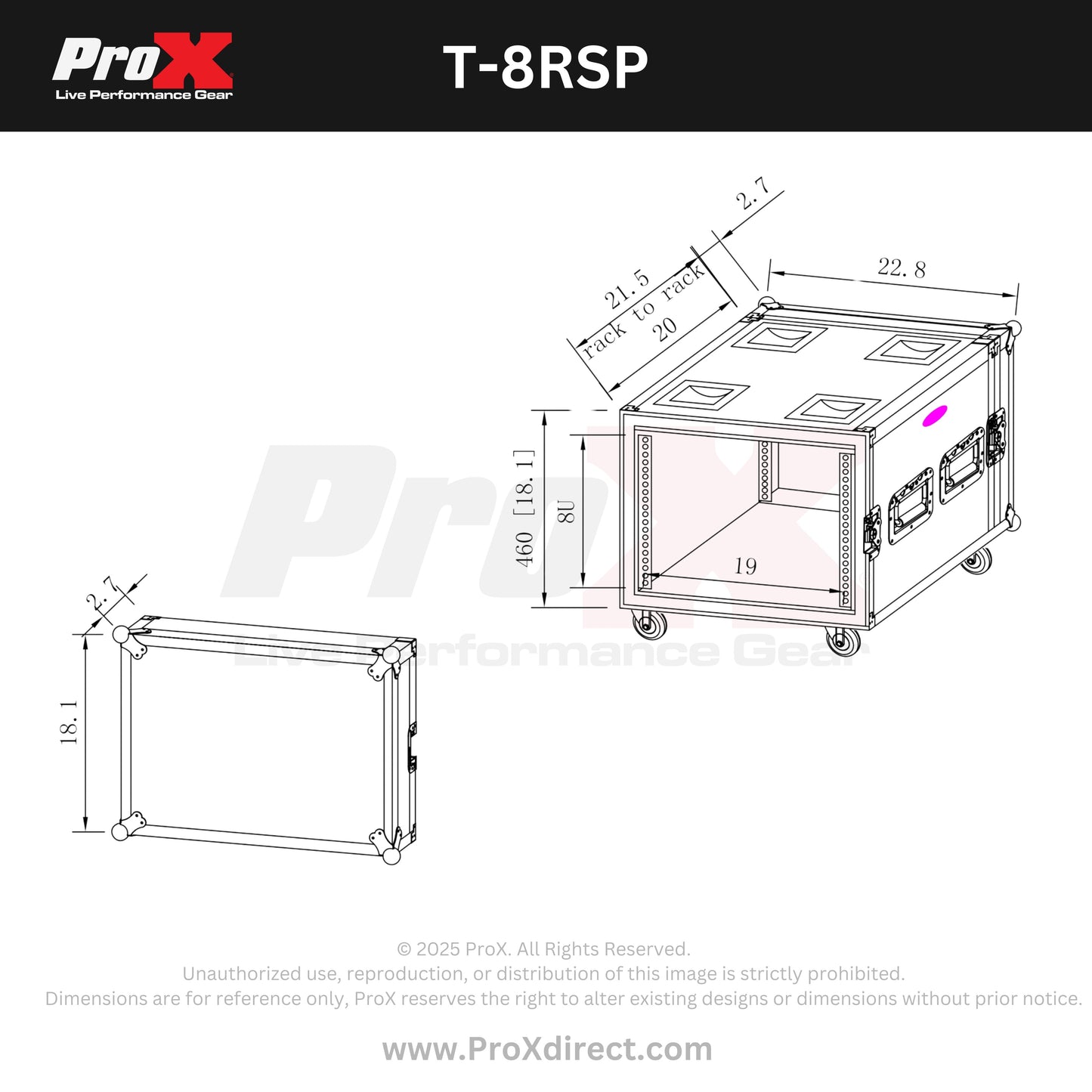 ProX T-8RSP 8U Shockproof Rack Mount Flight Case With Casters