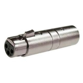 21750 XLR barrel adapter for polarity reverse, angled front view showing female XLR socket end with latch and nickel-finish body, Lectrosonics