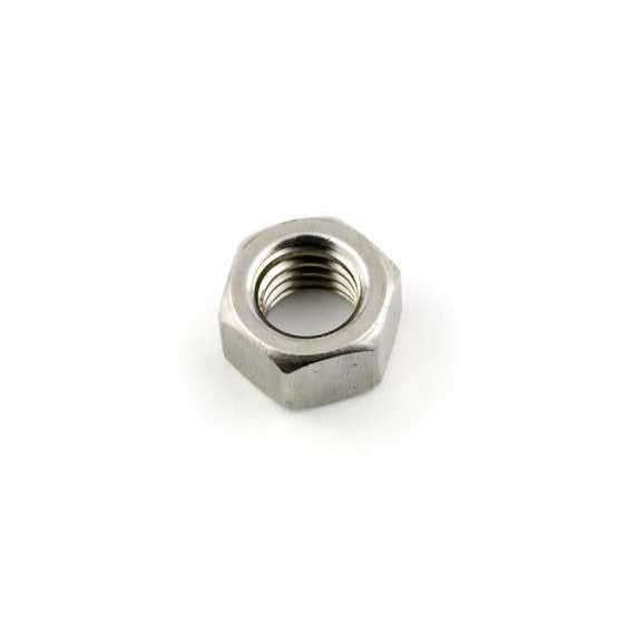 28790 stainless steel hex nut for SNA600 mount, angled top view showing internal threads and six-sided brushed metal body, Lectrosonics