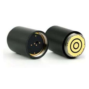 HHXTND mic flag extender pair of black cylinders showing gold-plated pin contacts on one end and concentric ring contacts on the other, Lectrosonics