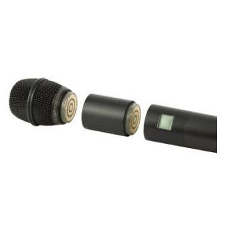HHXTND extender exploded view between handheld mic capsule and transmitter body with LCD window, shown for LCD and talkback access, Lectrosonics