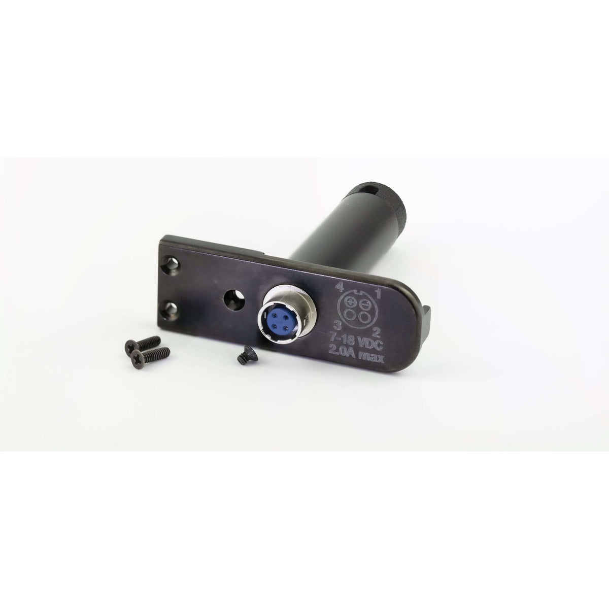 LTBATELIM battery eliminator angled view showing 4-pin locking DC input connector with pinout and 7-18 VDC 2.0A max marking, with three black mounting screws, Lectrosonics