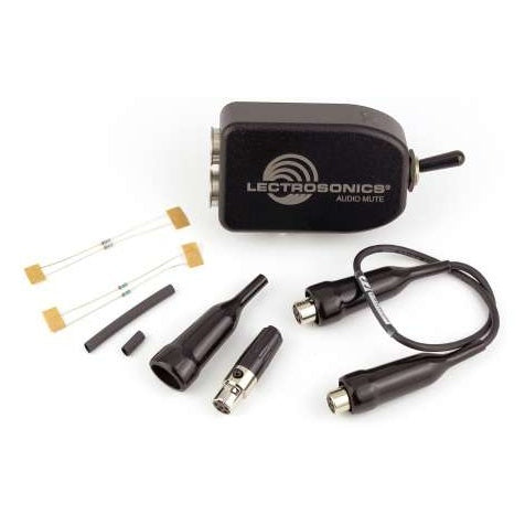 MUTE belt-worn mute switch kit contents with Audio Mute unit, resistor pads, heat shrink tubing, TA5 connector and 3-pin cable adapters, Lectrosonics