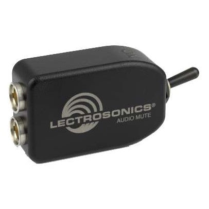 MUTE belt-worn mute switch front view showing Audio Mute logo, toggle switch and two locking jack connectors, Lectrosonics