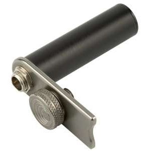 SMBATELIM battery eliminator angled side view showing black cylindrical dummy battery body, nickel-finish mounting plate with knurled thumb screw and threaded jack connector, Lectrosonics