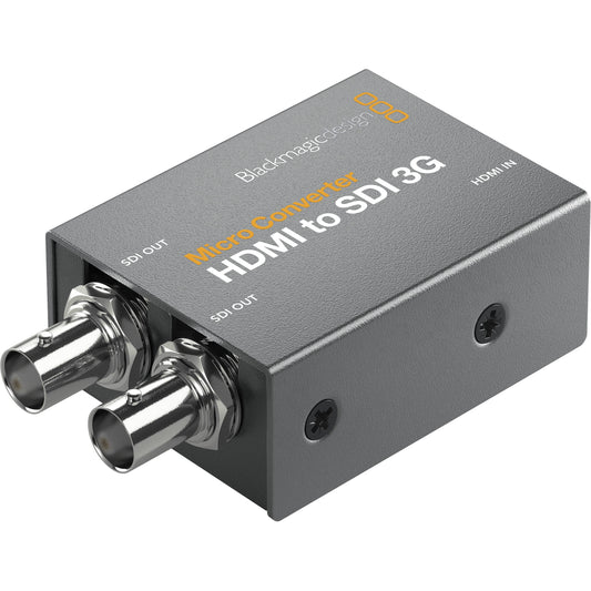Blackmagic Design Micro Converter HDMI to SDI 3G angled view showing dual BNC SDI outputs and case screws
