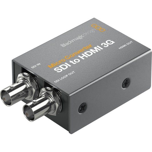 Blackmagic Design Micro Converter SDI to HDMI 3G angled view showing two BNC connectors and side screws