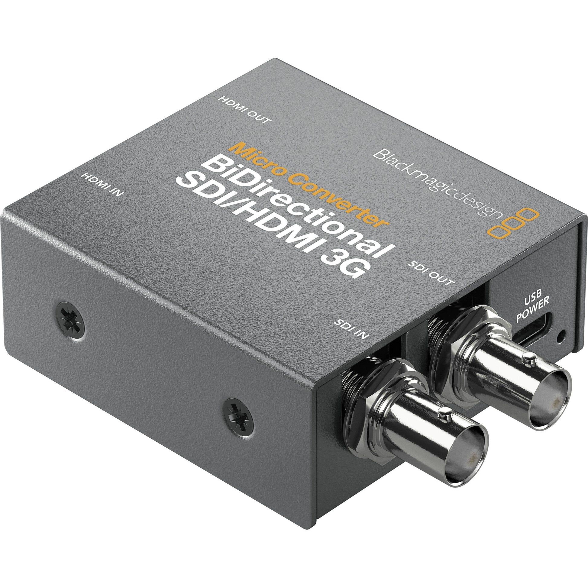 Blackmagic Design Micro Converter BiDirectional SDI/HDMI 3G angled view of SDI BNC jacks and USB power port