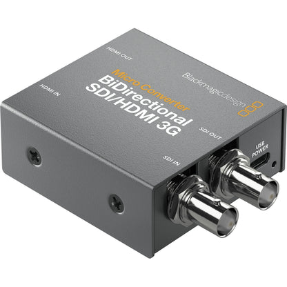 Blackmagic Design Micro Converter BiDirectional SDI/HDMI 3G angled view of SDI BNC jacks and USB power port