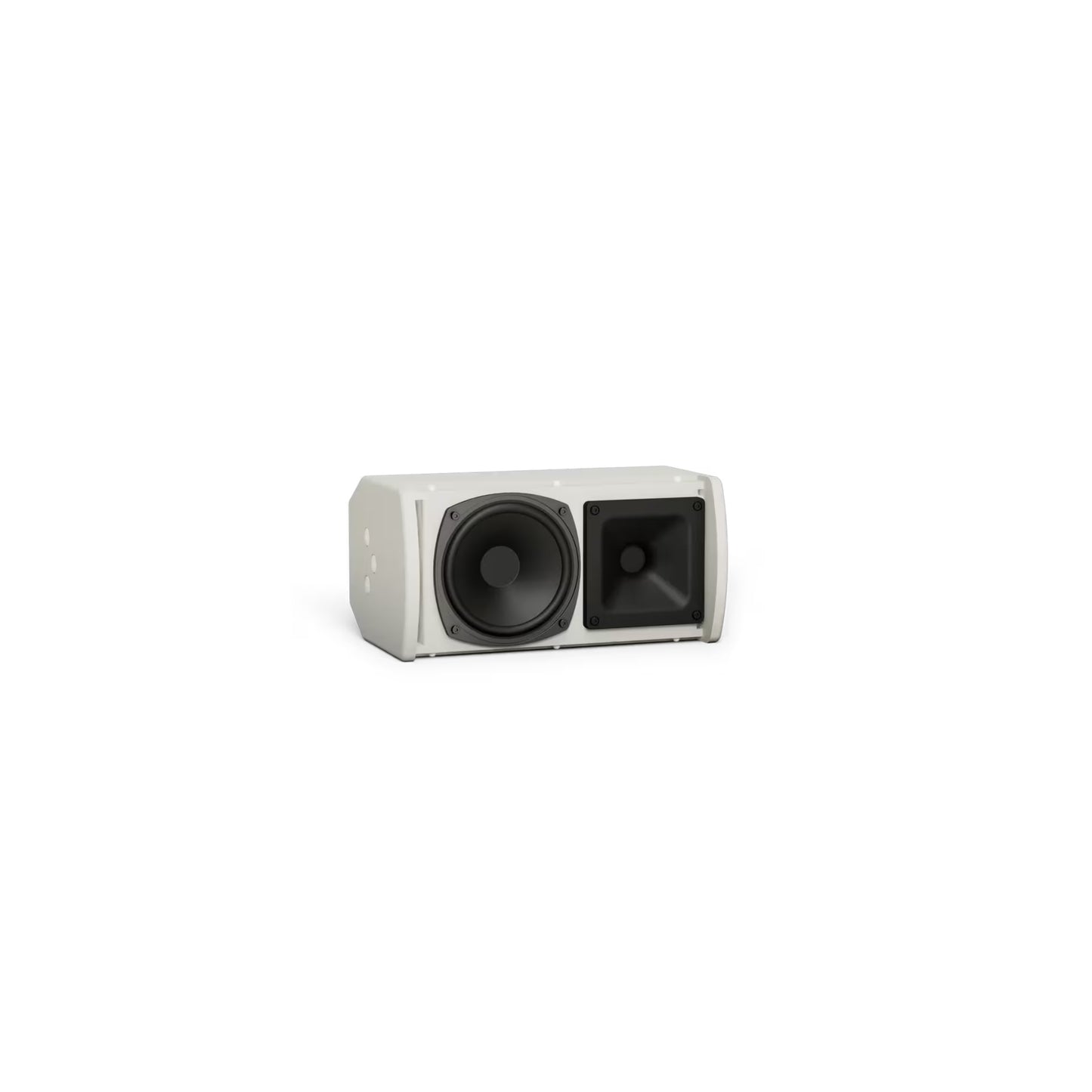 Bose AMU105 with grille removed showing woofer and horn-loaded tweeter behind white enclosure