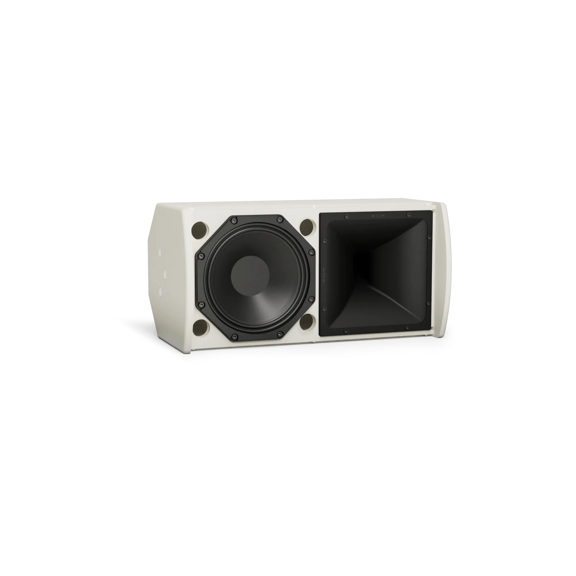 Bose AMU108 with grille removed showing woofer and horn-loaded high-frequency waveguide