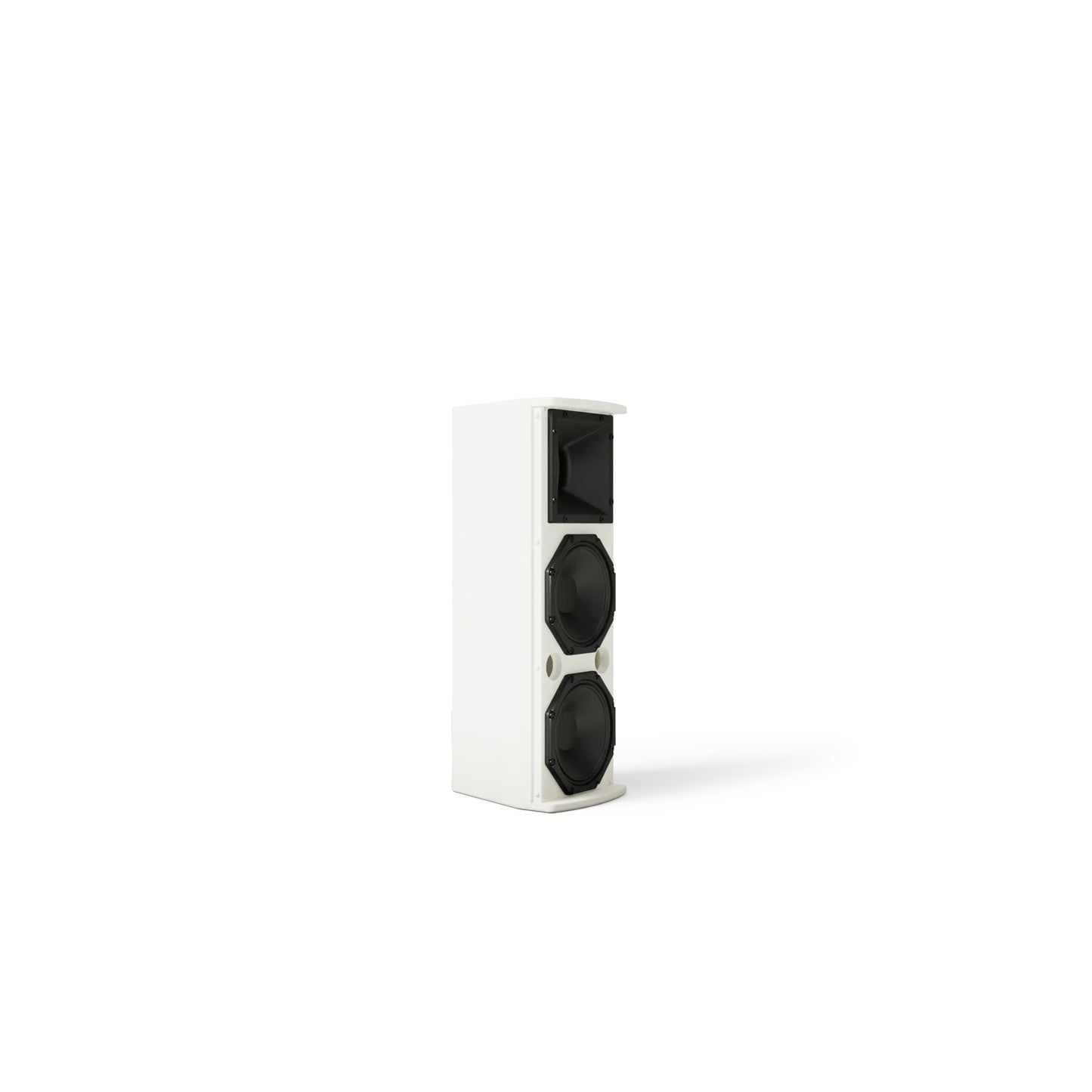 Bose AMU206 vertical view without grille, horn above two stacked woofers in white enclosure