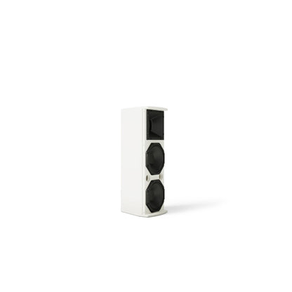 Bose AMU206 vertical view without grille, horn above two stacked woofers in white enclosure